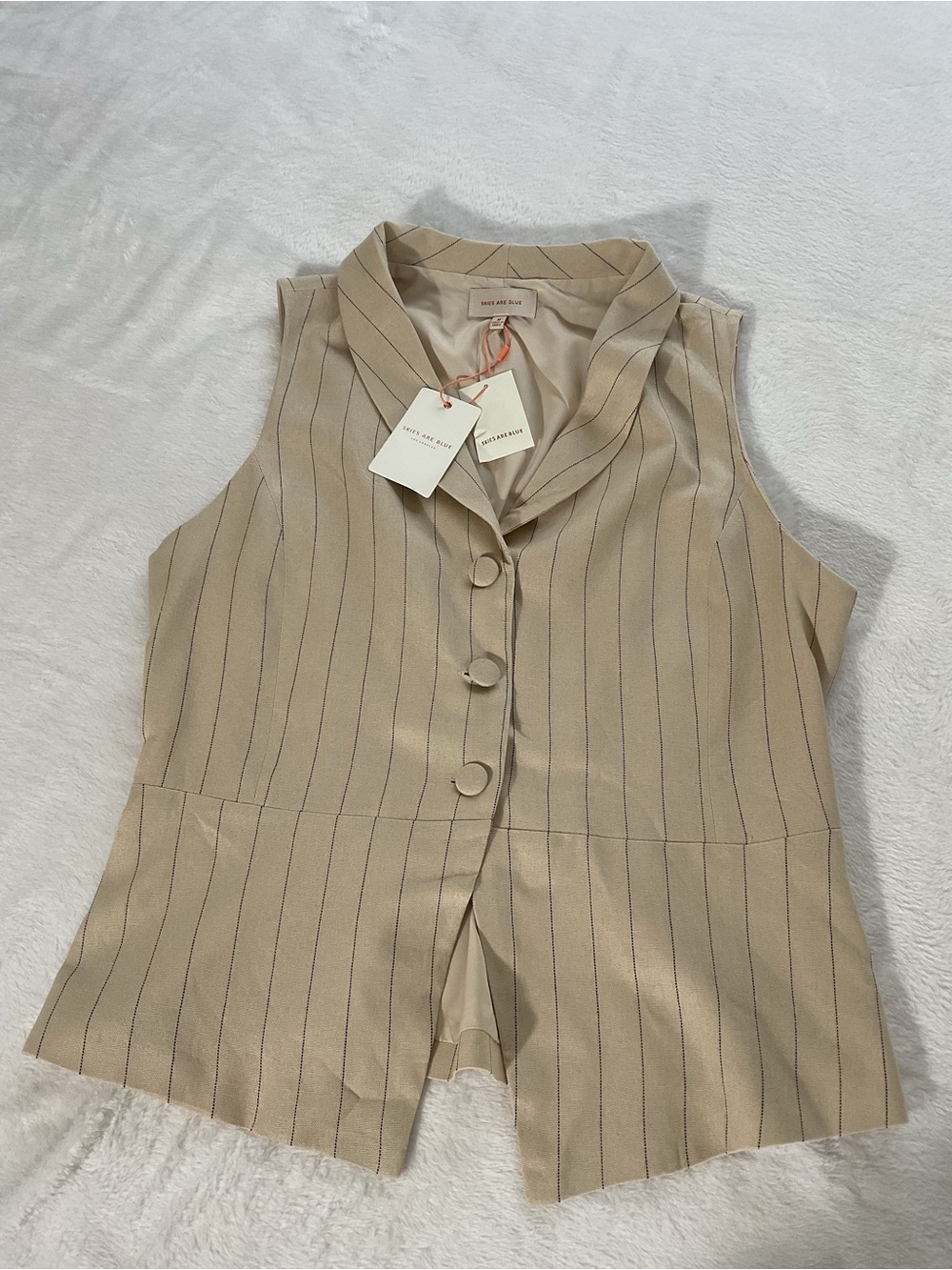 Skies Are Blue Linen Blend Vest Women M Beige Pinstripe Button Top Chic - Picture 6 of 8